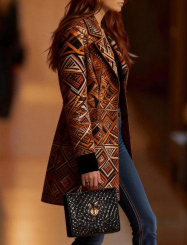 Western Jacket, Medium Length Coat with Geometric Pattern, Lapel Collar, Button Details