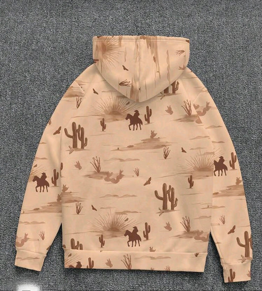 Western Cowboy Desert Style Cactus Pattern Printed Khaki Casual Sweatshirt Pullover, Hoodie
