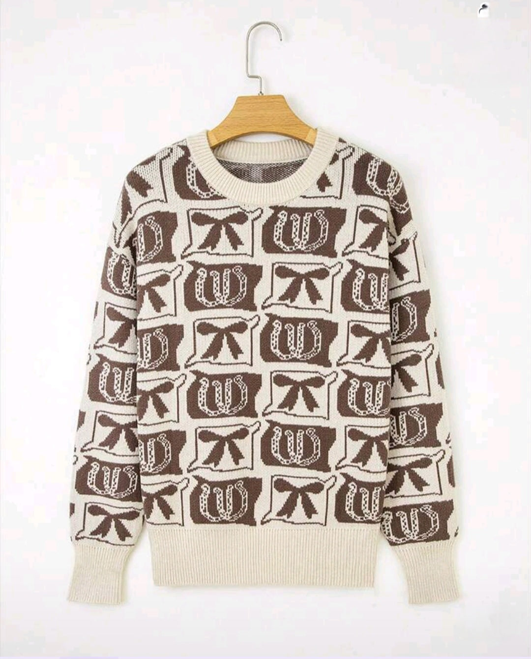 Women's Brown Western-Style Pattern Contrasting Loose Sweater
