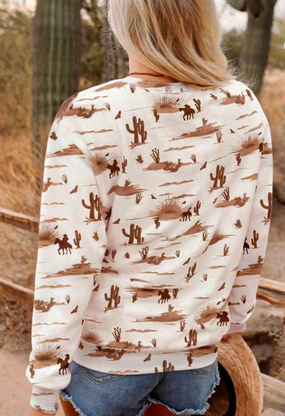 Western Desert Wind, Brown Cactus And Western Cowboy Print Round Neck Women's Sweatshirts