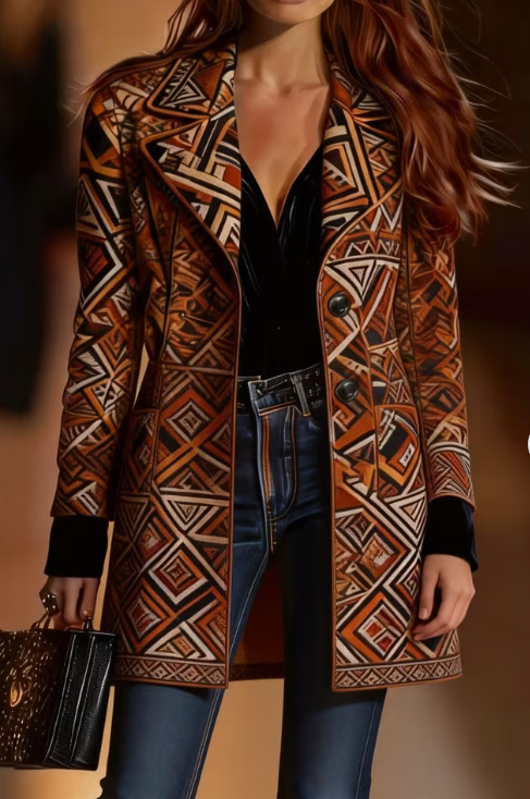 Western Jacket,  Medium Length Coat with Geometric Pattern, Lapel Collar, Button Details