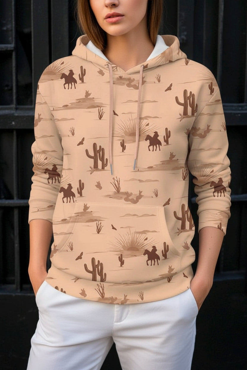 Western Cowboy Desert Style Cactus Pattern Printed Khaki Casual Sweatshirt Pullover, Hoodie