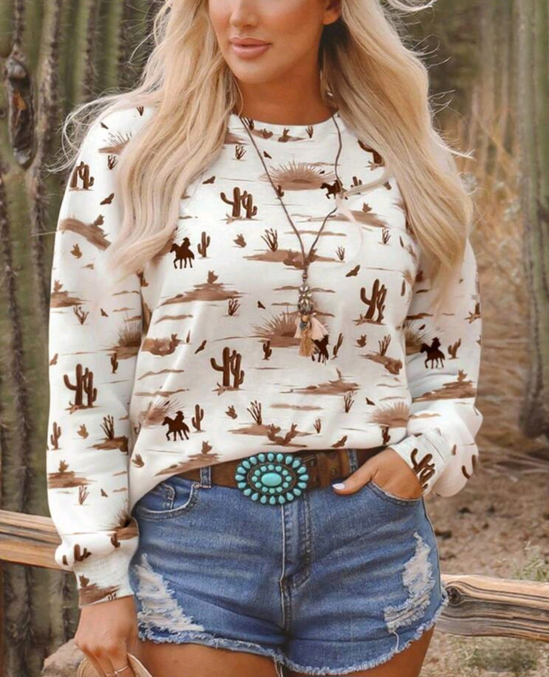 Western Desert Wind, Brown Cactus And Western Cowboy Print Round Neck Women's Sweatshirts
