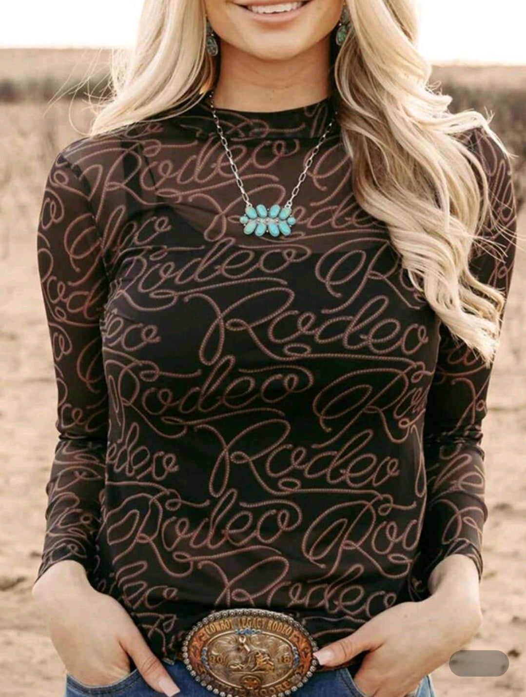 Western Cowboy Print Long Sleeve Mesh Top
